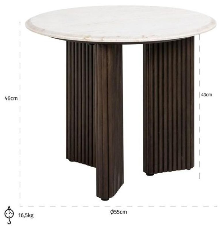 Mayfield White Marble Top Round Side Table - Dark Wood Fluted Base