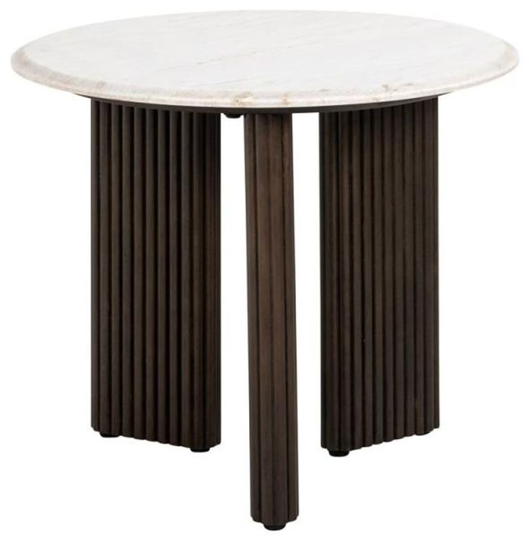 Mayfield White Marble Top Round Side Table - Dark Wood Fluted Base