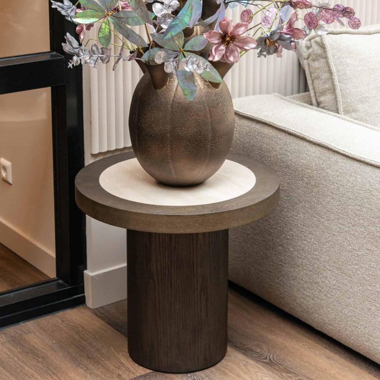 Nando End Table - Round - Brown - Ceramic and Oak