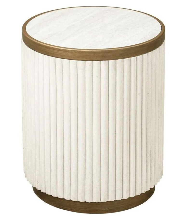 Tivoli White Ribbed Set of 2 Round End Tables with Gold Trim