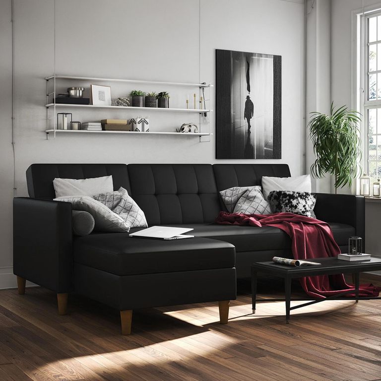 Hartford Sectional Futon Sofa Bed - Storage - Black Faux Leather - 2195009UK