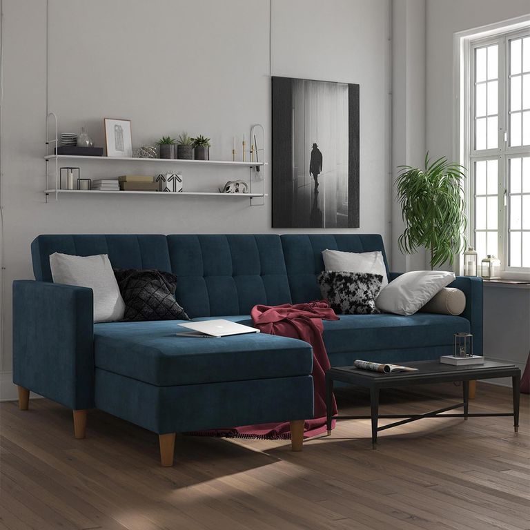 Hartford Sectional Futon Sofa Bed - Storage - Blue Chenille Fabric - 2112669UK