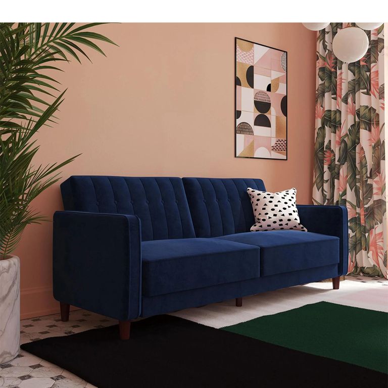 Pin Tufted Futon Sofa Bed - 3 Seater - Blue Velvet Fabric - 2164659UK