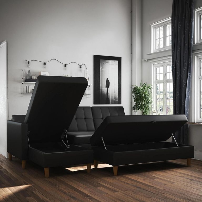 Hartford Sectional Futon Sofa Bed - Storage - Black Faux Leather - 2195009UK