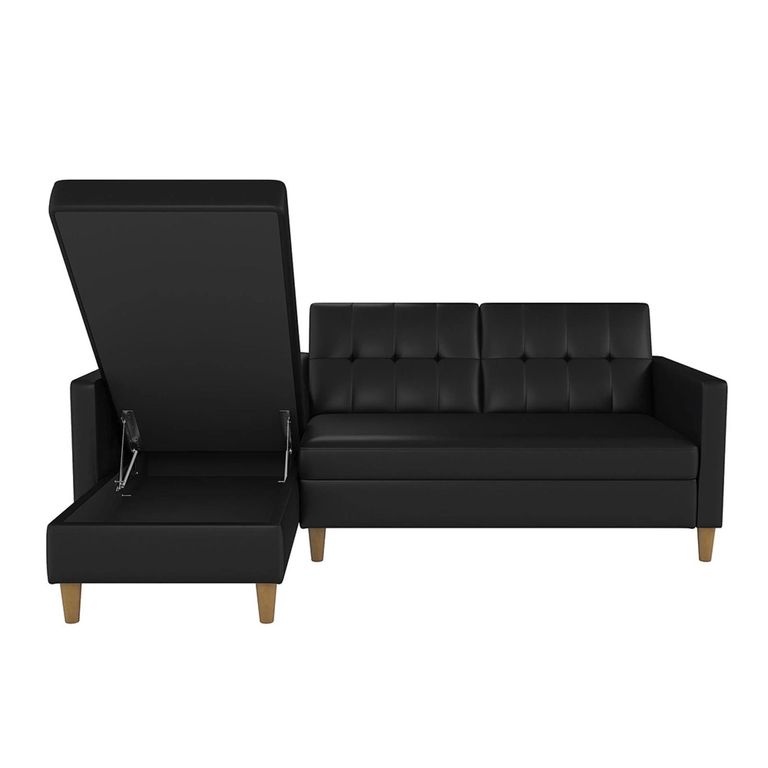 Hartford Sectional Futon Sofa Bed - Storage - Black Faux Leather - 2195009UK