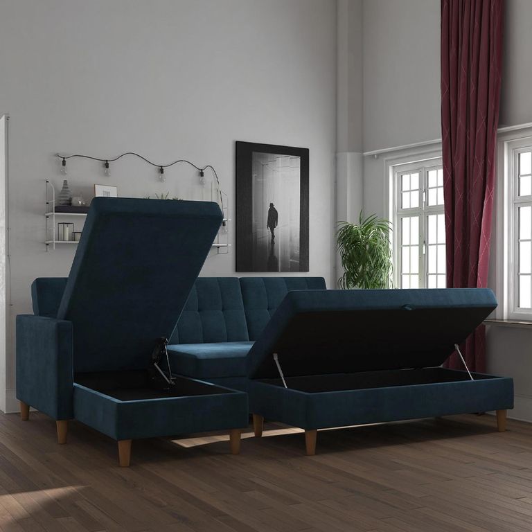 Hartford Sectional Futon Sofa Bed - Storage - Blue Chenille Fabric - 2112669UK