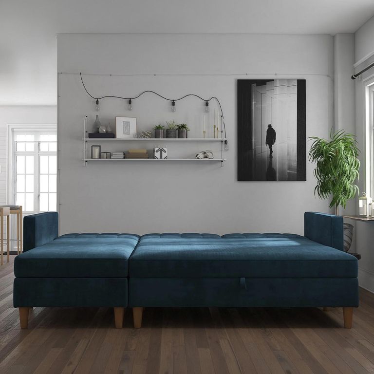 Hartford Sectional Futon Sofa Bed - Storage - Blue Chenille Fabric - 2112669UK