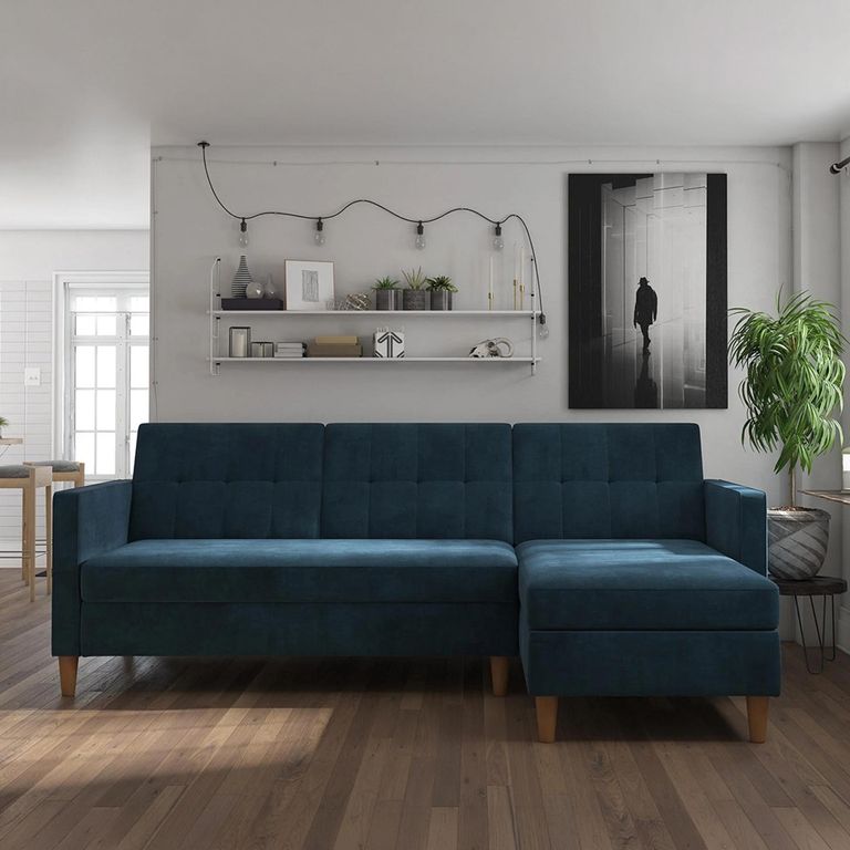 Hartford Sectional Futon Sofa Bed - Storage - Blue Chenille Fabric - 2112669UK