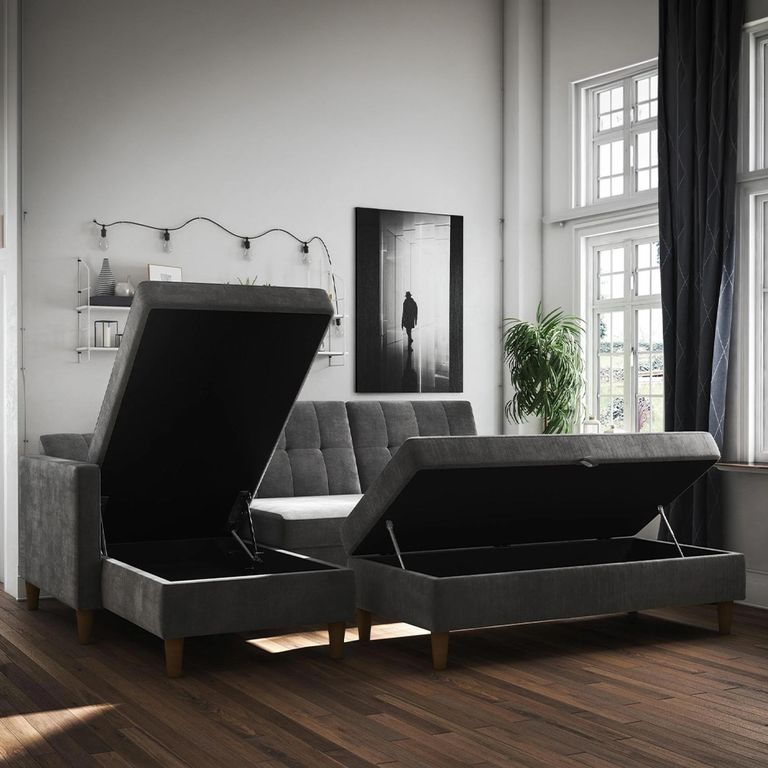 Hartford Sectional Futon Sofa Bed - Storage - Grey Chenille Fabric - 2195459UK
