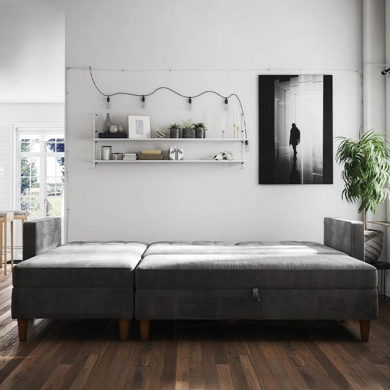 Hartford Sectional Futon Sofa Bed - Storage - Grey Chenille Fabric - 2195459UK