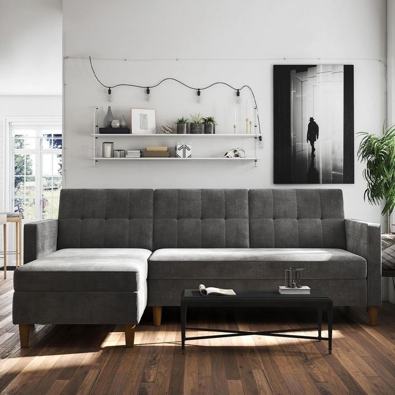 Hartford Sectional Futon Sofa Bed - Storage - Grey Chenille Fabric - 2195459UK