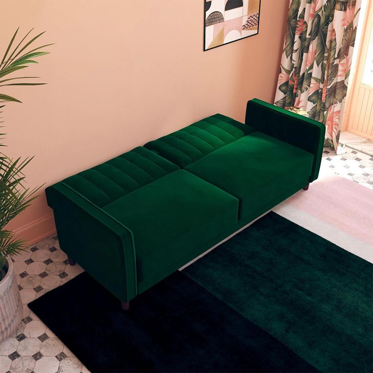 Pin Tufted Futon Sofa Bed - 3 Seater - Green Velvet Fabric -  2164979UK
