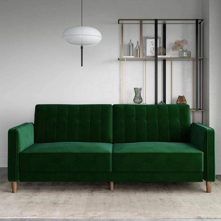 Pin Tufted Futon Sofa Bed - 3 Seater - Green Velvet Fabric -  2164979UK