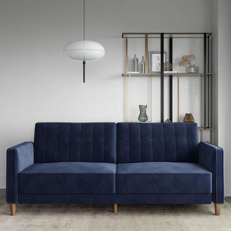 Pin Tufted Futon Sofa Bed - 3 Seater - Blue Velvet Fabric - 2164659UK