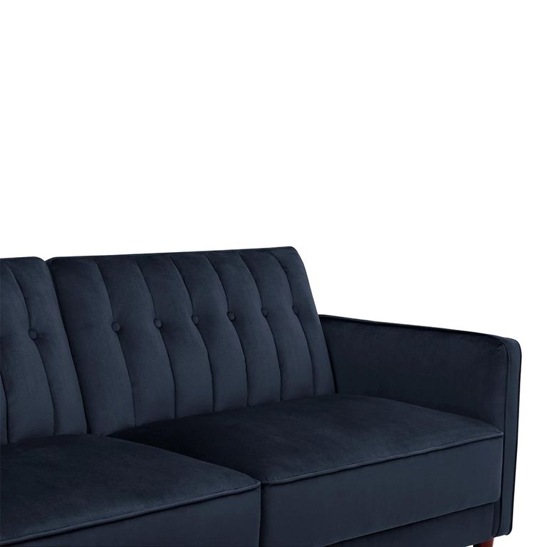 Pin Tufted Futon Sofa Bed - 3 Seater - Blue Velvet Fabric - 2164659UK
