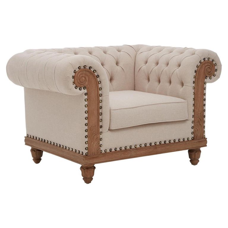 Cabra Chesterfield Armchair - Cream Fabric with Mahogany Wood