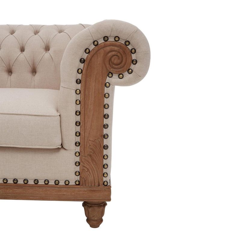 Cabra Chesterfield Armchair - Cream Fabric with Mahogany Wood