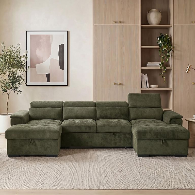 Alaya U Shape Corner Sofa Bed - Green Fabric - Pull Out