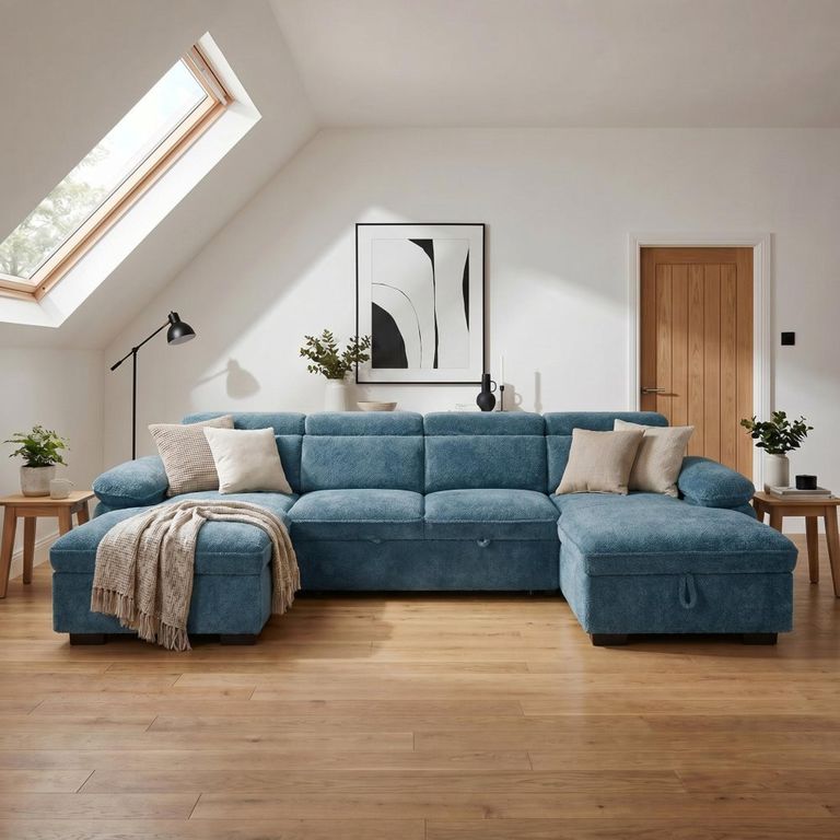 Hudson U Shape Corner Sofa Bed - Blue Fabric - Pull Out