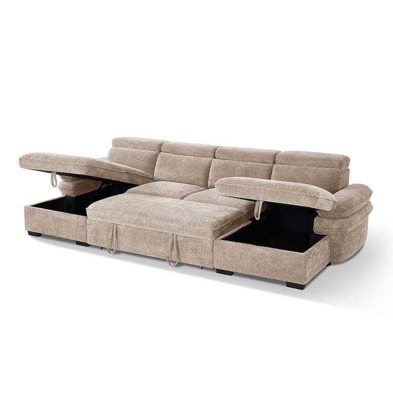 Hudson U Shape Corner Sofa Bed - Beige Fabric - Pull Out