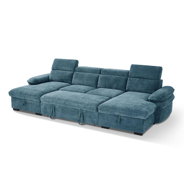 Hudson U Shape Corner Sofa Bed - Blue Fabric - Pull Out
