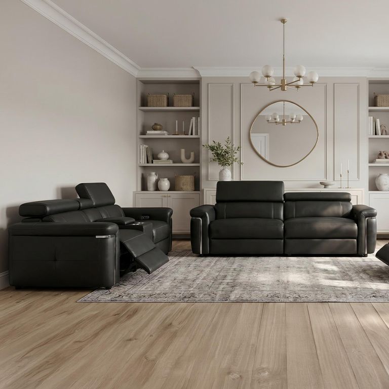 Somerville Electric Recliner Sofa - Black Leather - 3+2 Seater