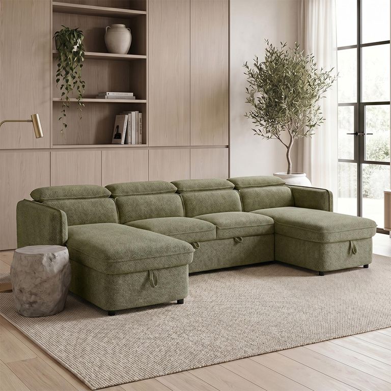 Capri U Shape Corner Sofa Bed - Green Fabric - Pull Out