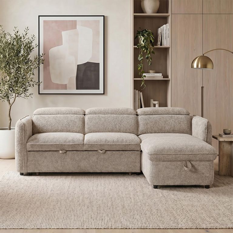 Capri Universal Corner Sofa Bed - Beige Fabric - Pull Out