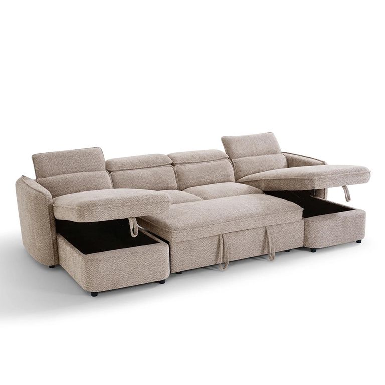 Capri U Shape Corner Sofa Bed - Beige Fabric - Pull Out