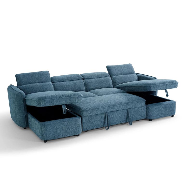 Capri U Shape Corner Sofa Bed - Blue Fabric - Pull Out
