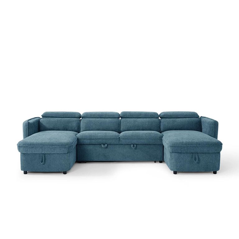 Capri U Shape Corner Sofa Bed - Blue Fabric - Pull Out