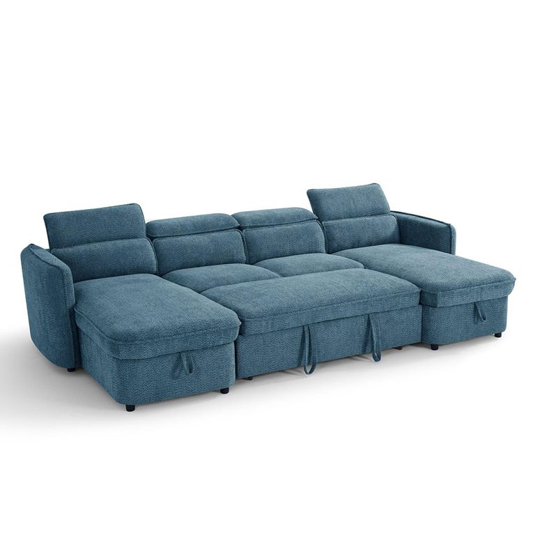 Capri U Shape Corner Sofa Bed - Blue Fabric - Pull Out
