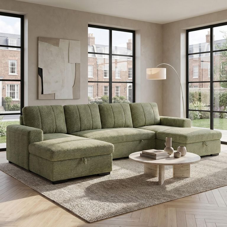 Como U Shape Corner Sofa Bed - Green Fabric - Pull Out