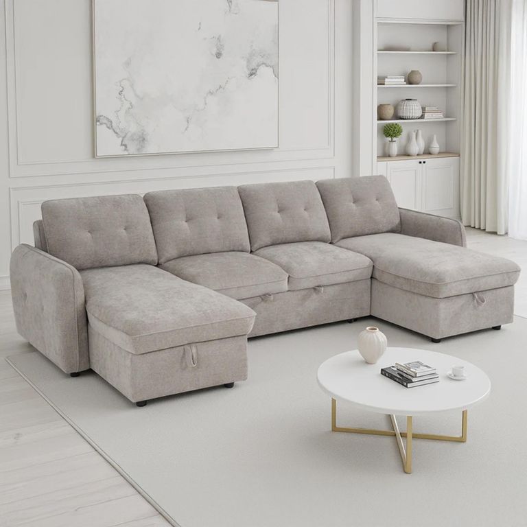 Moscow U Shape Corner Sofa Bed - Beige Fabric - Pull Out
