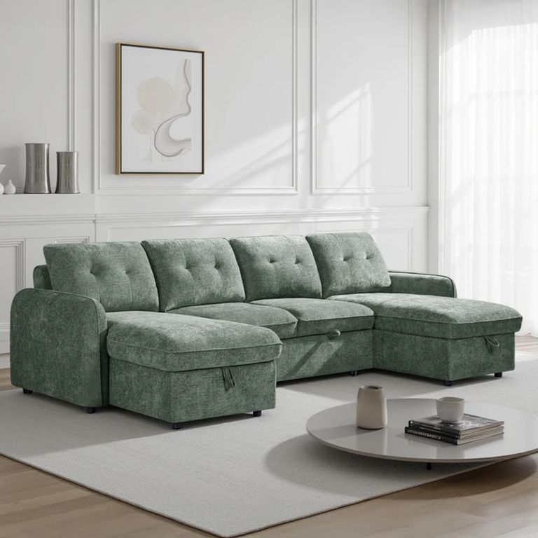 Moscow U Shape Corner Sofa Bed - Green Fabric - Pull Out
