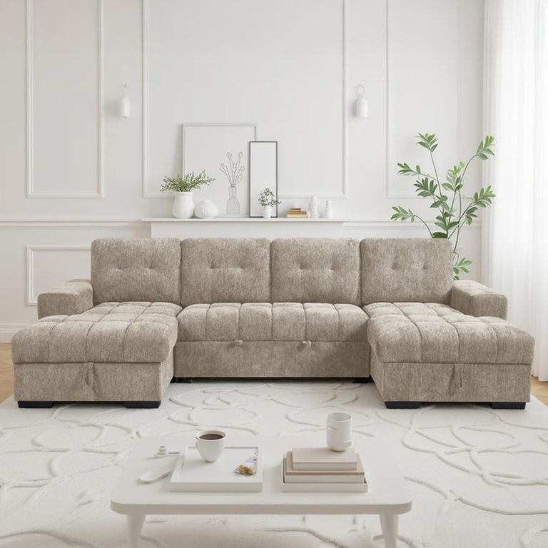 Palermo U Shape Corner Sofa Bed - Beige Fabric - Pull Out