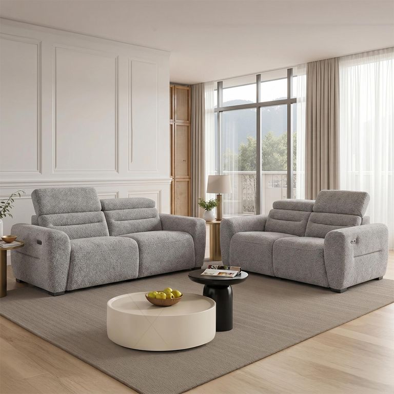 Tokyo Electric Recliner Sofa - Grey Fabric - 3+2 Seater