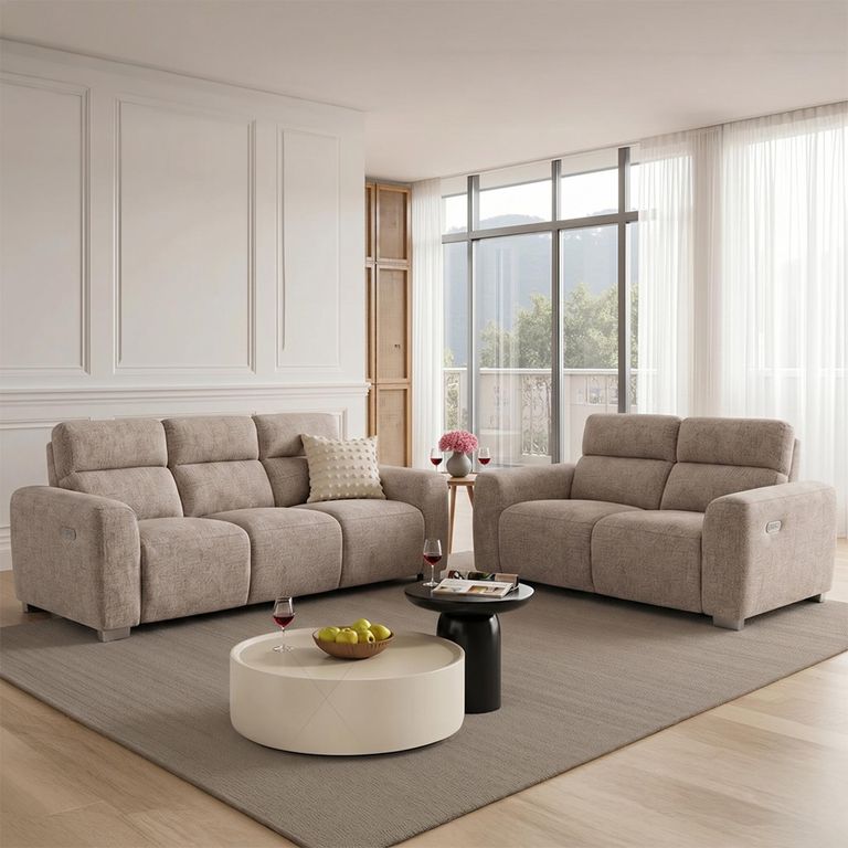 Toronto Electric Recliner Sofa - Beige Fabric - 3+2 Seater