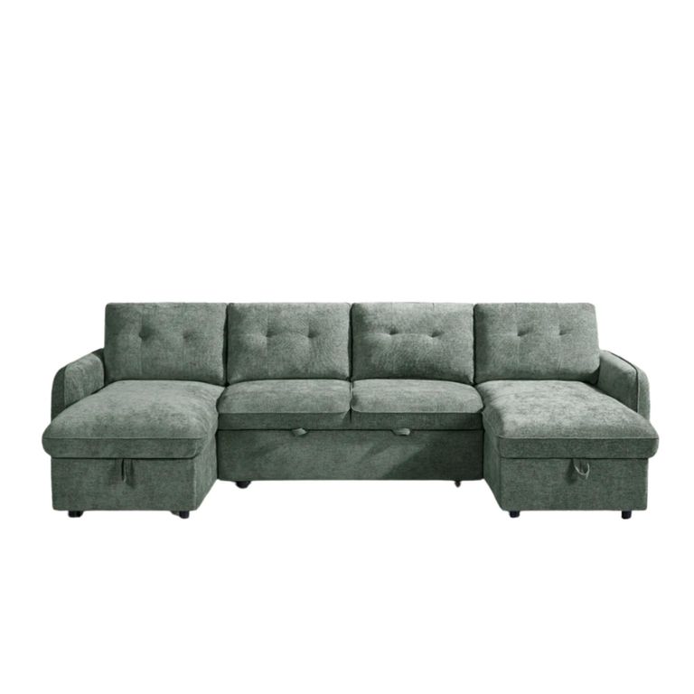 Moscow U Shape Corner Sofa Bed - Green Fabric - Pull Out