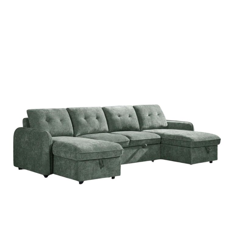 Moscow U Shape Corner Sofa Bed - Green Fabric - Pull Out