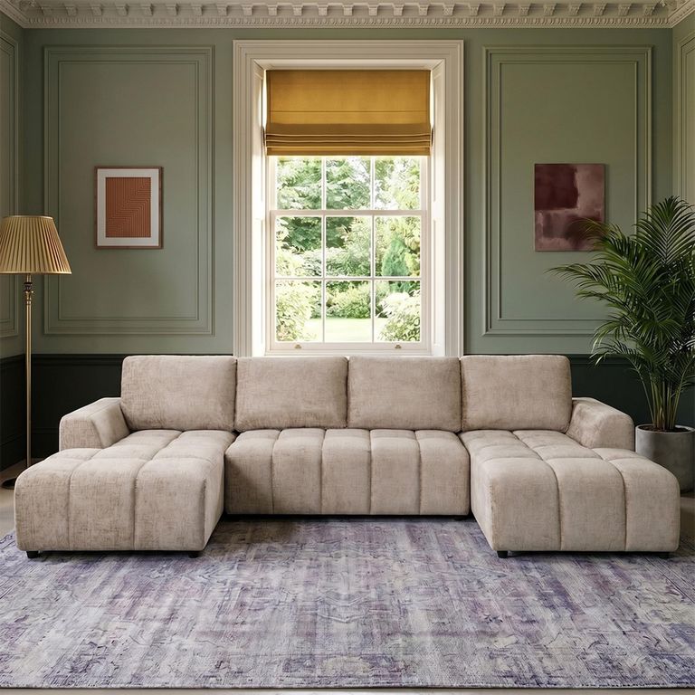Shanghai Luxury U Shape Corner Sofa Bed - Beige Fabric