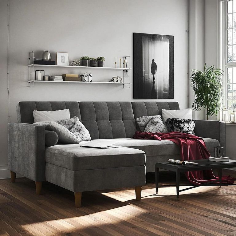 Clearance - Hartford Sectional Futon Sofa Bed - Storage - Grey Chenille Fabric - 2195459UK - FSS17356