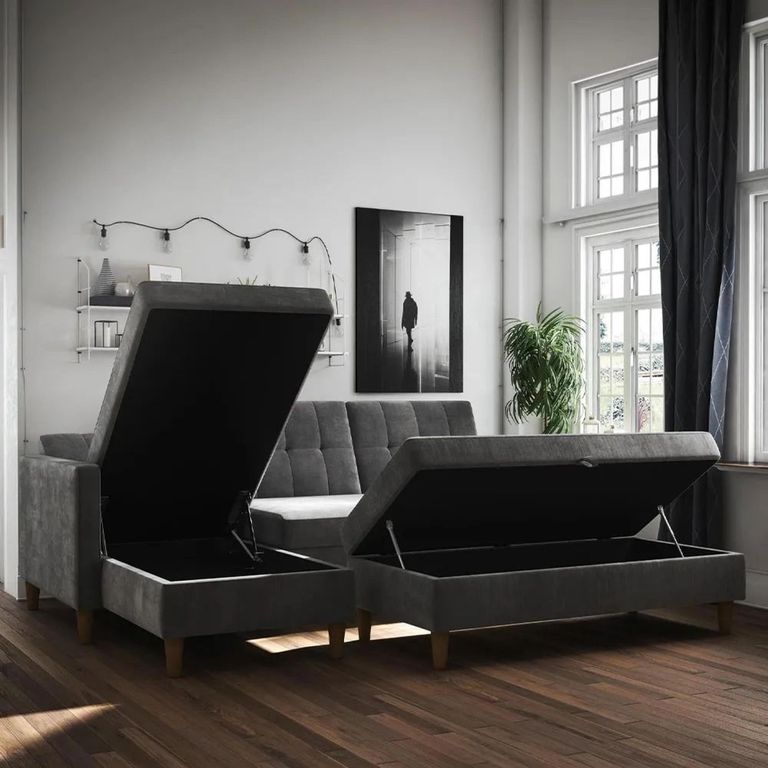 Clearance - Hartford Sectional Futon Sofa Bed - Storage - Grey Chenille Fabric - 2195459UK - FSS17356