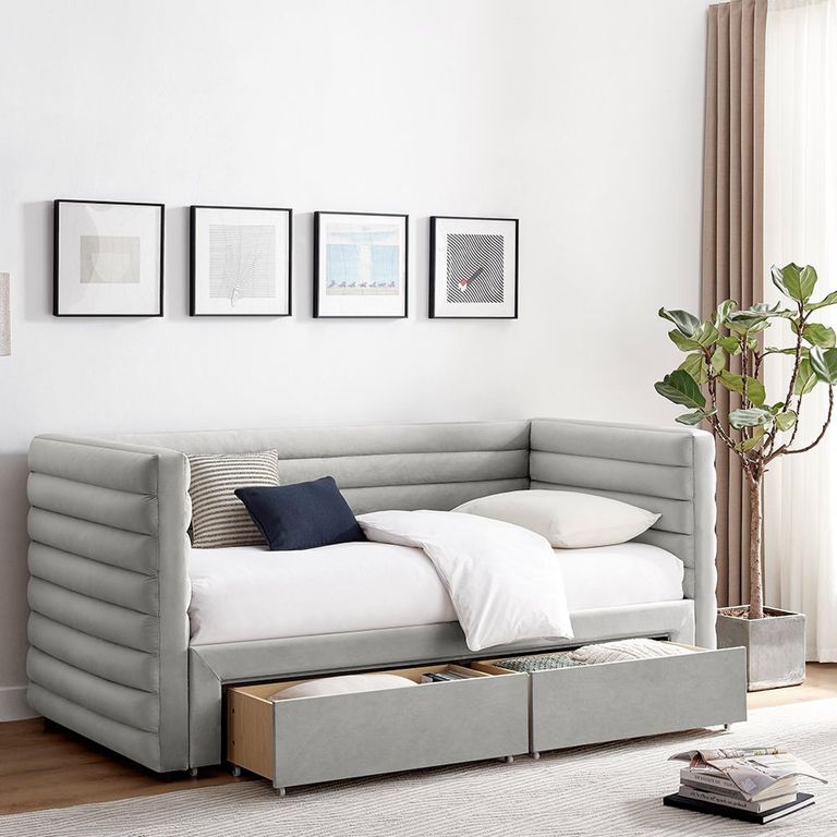 Byrne Daybed - 2 Drawer - Grey Velvet - Fabric