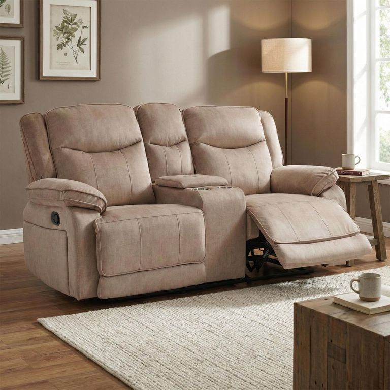 Clayton Recliner Sofa - with Console - 2 Seater - Light Brown - Fabric