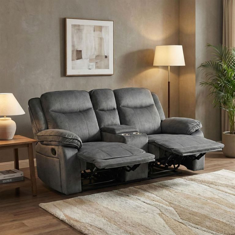 Clayton Recliner Sofa - with Console - 2 Seater - Grey - Fabric