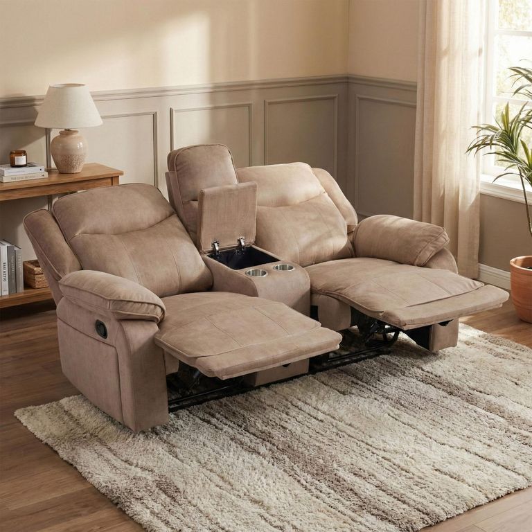 Clayton Recliner Sofa - with Console - 2 Seater - Light Brown - Fabric
