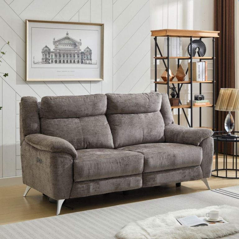 Monroe Electric Recliner Sofa - 3 Seater - Adjustable Headrest - Stone - Fabric