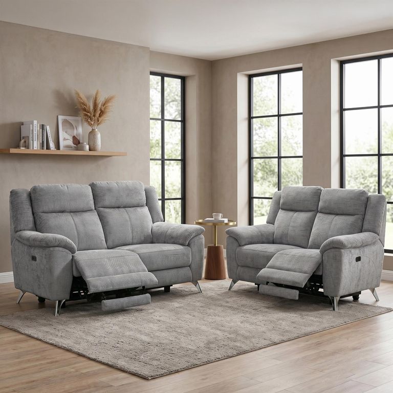 Monroe Electric Recliner Sofa Suite - 3+2 Seater - Adjustable Headrest - Ash Grey - Fabric