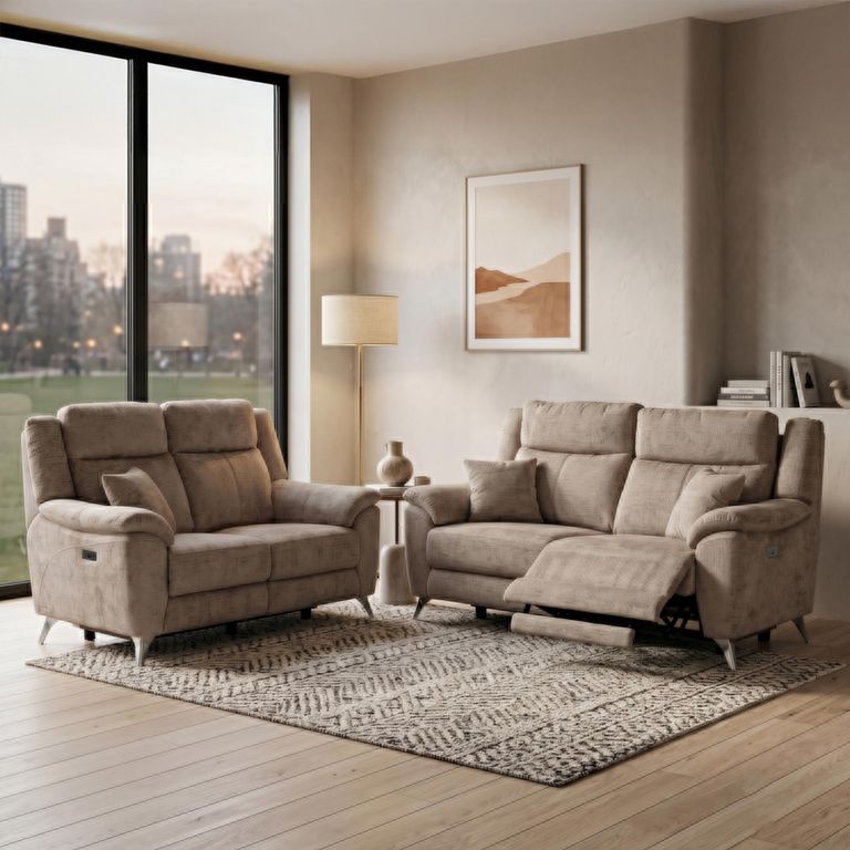 Monroe Electric Recliner Sofa Suite - 3+2 Seater - Adjustable Headrest - Fossil - Fabric